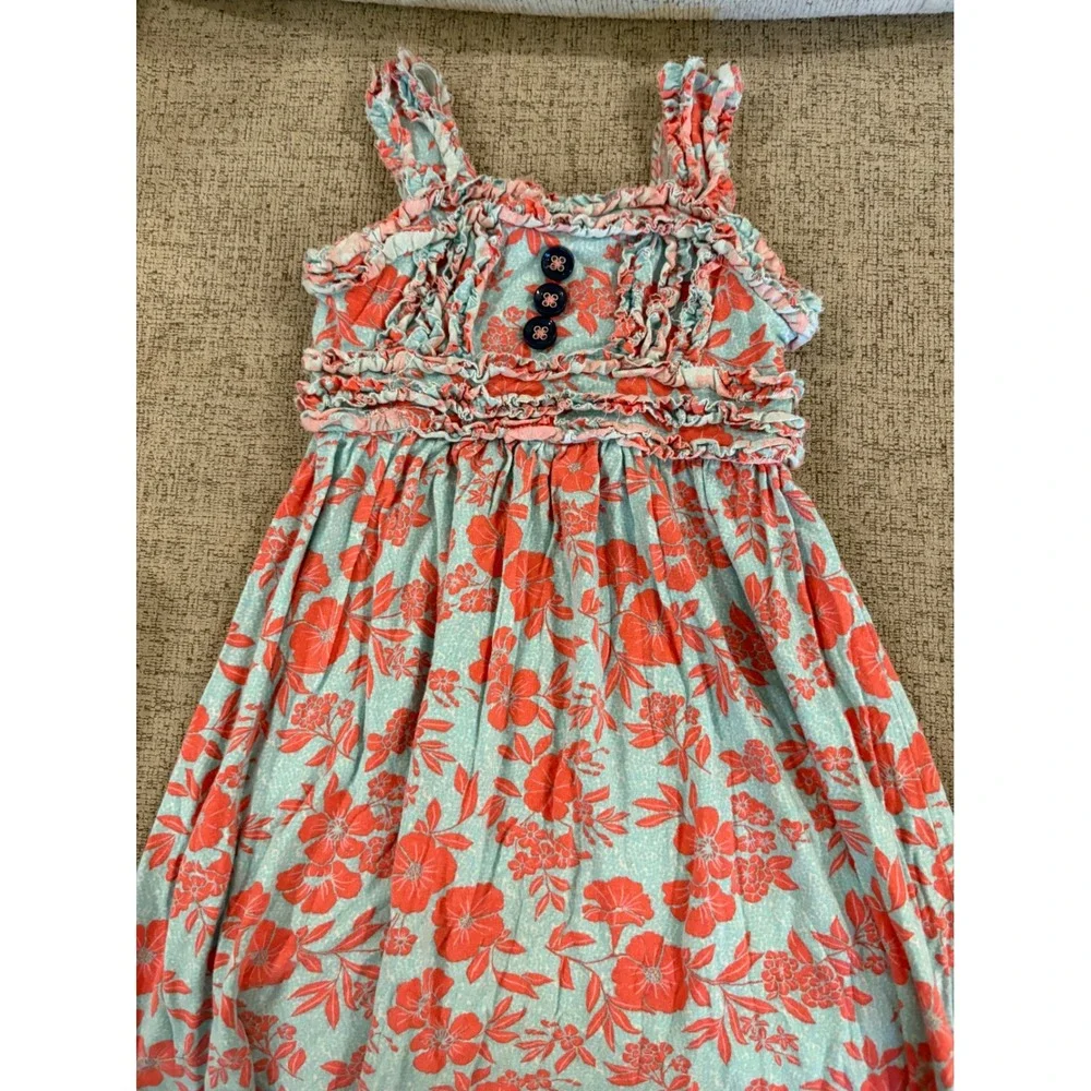 Matilda Jane Girls Coral Blue Floral Ruffle Dress Size 2 Sleeveless Knit Smocked